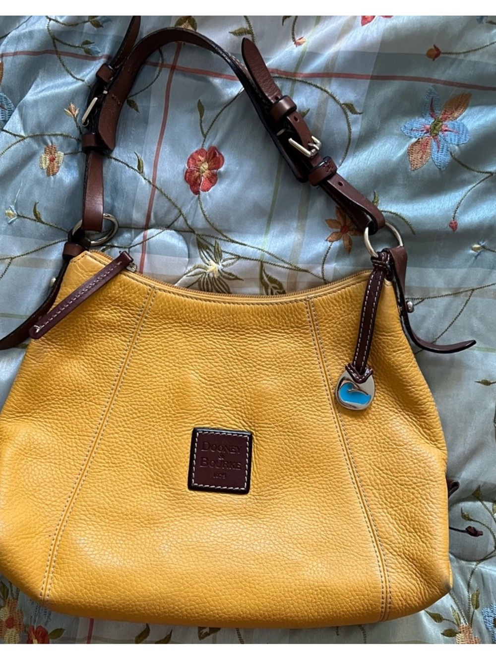 Dooney & Bourke Yellow Pebble Leather Shoulder Bag with Brown Trim